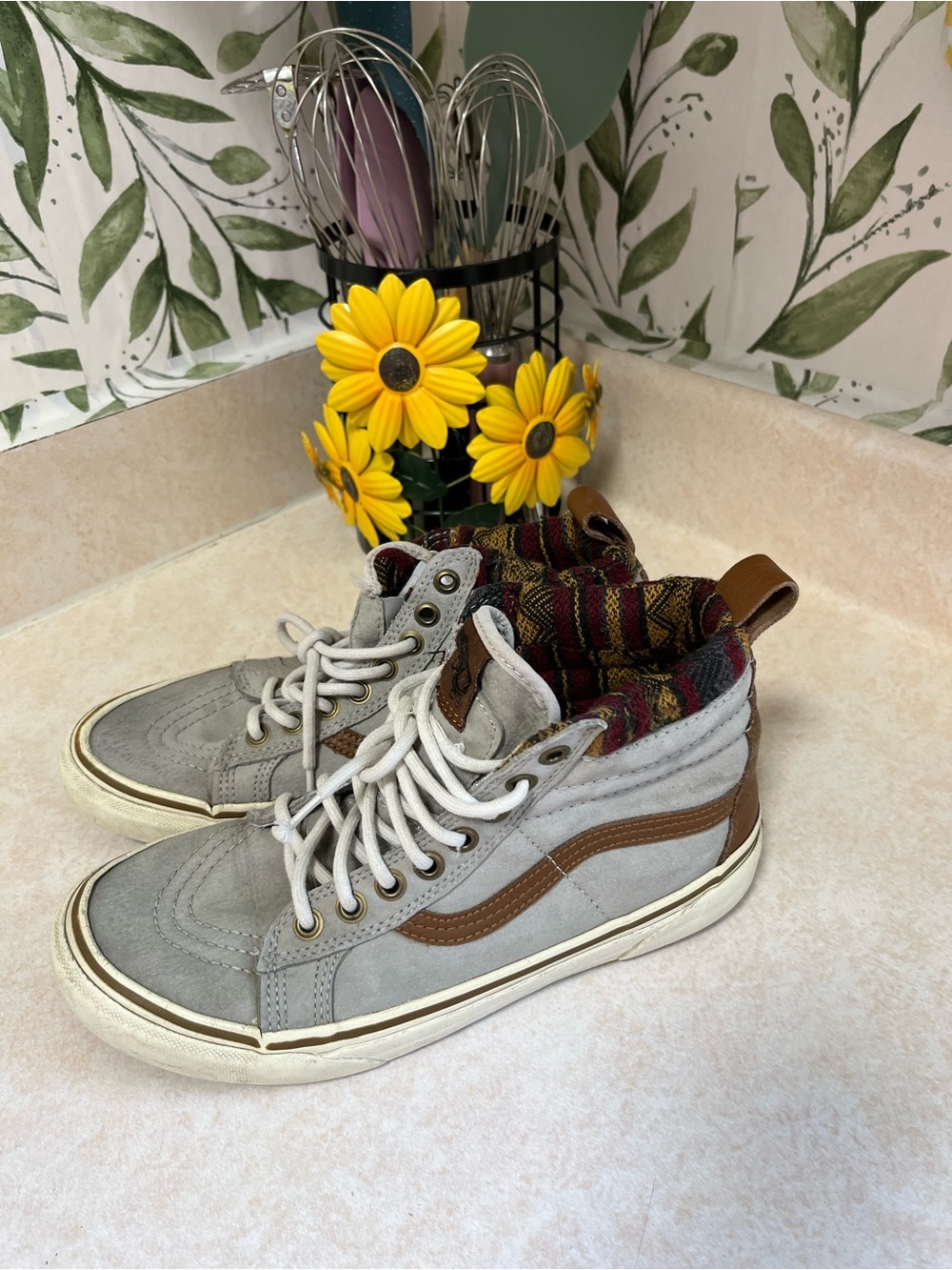 Vans Sk8-Hi Inspired Gray Suede High-Top Sneakers with Brown Stripe Size 7
